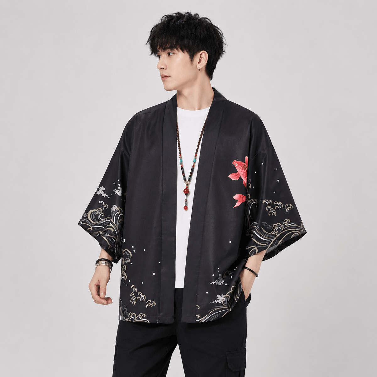 Kawaiies Collection - Kimono - Golden Koi and Japanese Crane Men Kimono