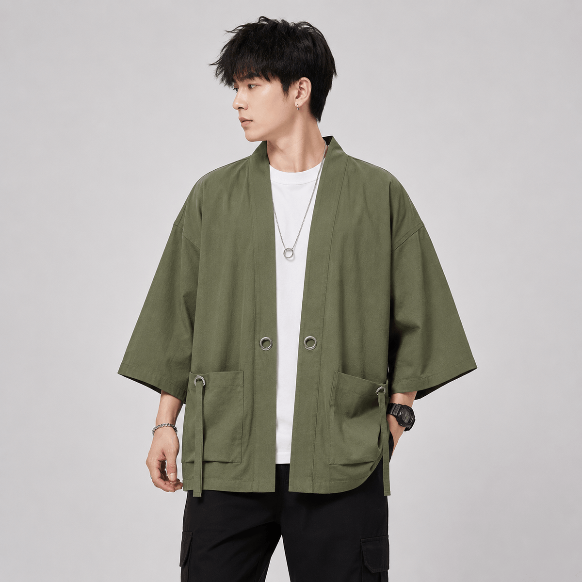 Kawaiies Collection - Kimono - Japanese-themed Moss Green Charcoal Grey Men’s Kimono Jacket