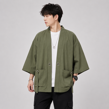 Japanese-themed Moss Green Charcoal Grey Men’s Kimono Jacket