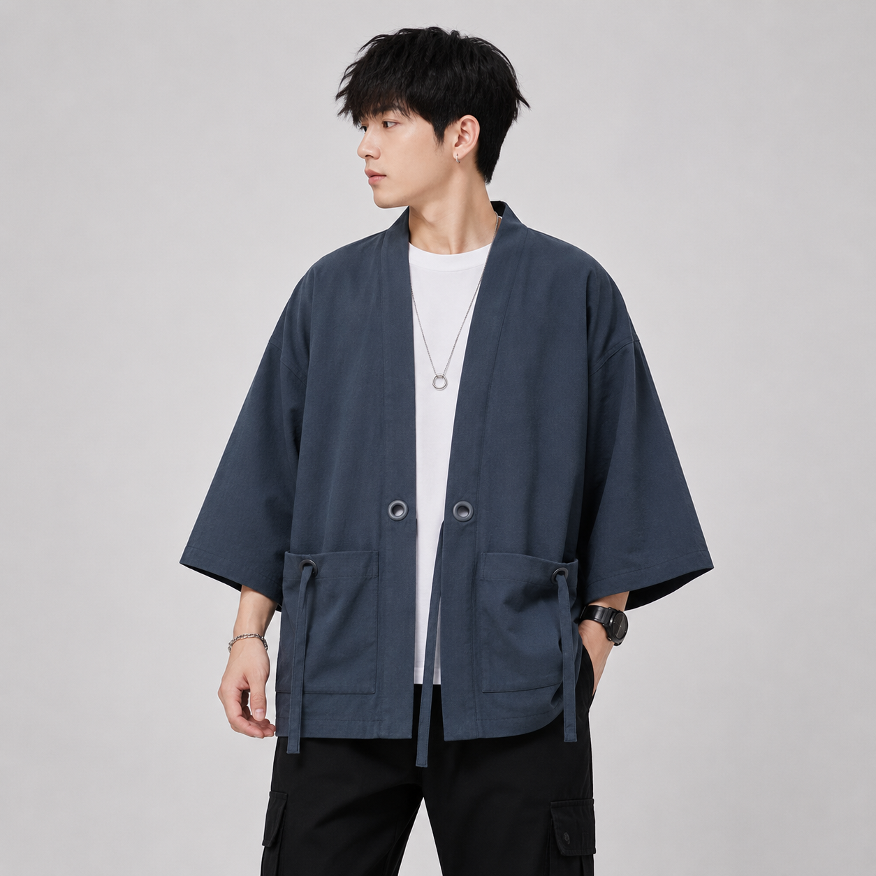 Japanese-themed Moss Green Charcoal Grey Men’s Kimono Jacket