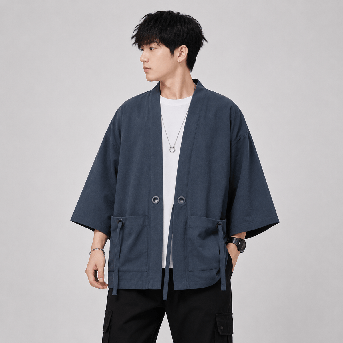 Kawaiies Collection - Kimono - Japanese-themed Moss Green Charcoal Grey Men’s Kimono Jacket