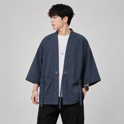 Japanese-themed Moss Green Charcoal Grey Men’s Kimono Jacket