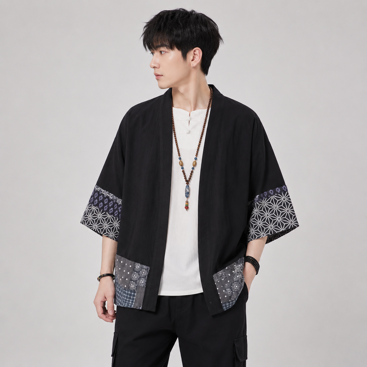 Japanese-themed Navy Pattern Black White Men's Haori Yukata Kimono Jacket