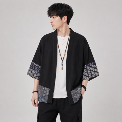 Japanese-themed Navy Pattern Black White Men's Haori Yukata Kimono Jacket