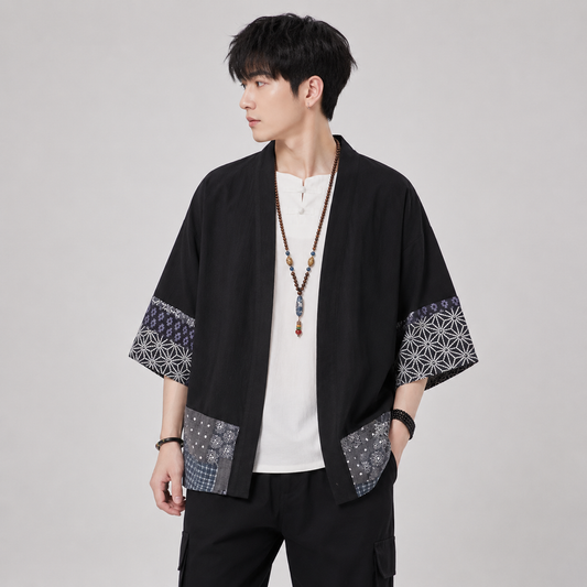 Japanese-themed Navy Pattern Black White Men's Haori Yukata Kimono Jacket
