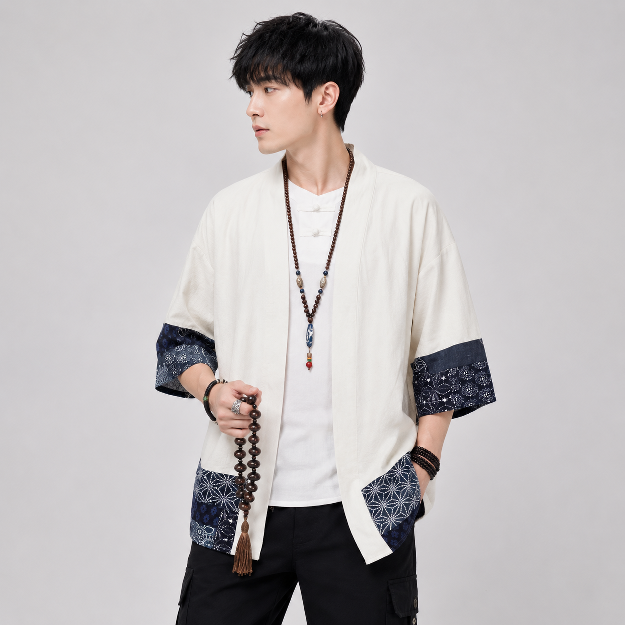 Japanese-themed Navy Pattern Black White Men's Haori Yukata Kimono Jacket