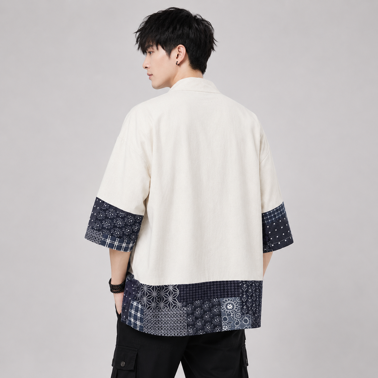 Japanese-themed Navy Pattern Black White Men's Haori Yukata Kimono Jacket