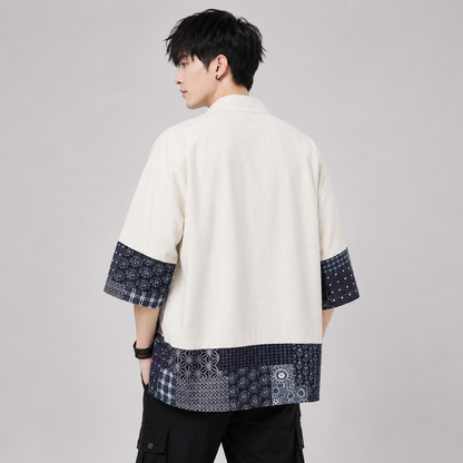 Japanese-themed Navy Pattern Black White Men's Haori Yukata Kimono Jacket