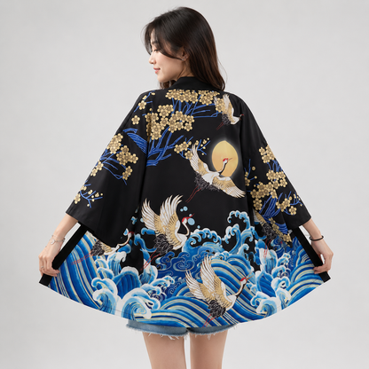 Kanagawa Wave Crane Women Kimono