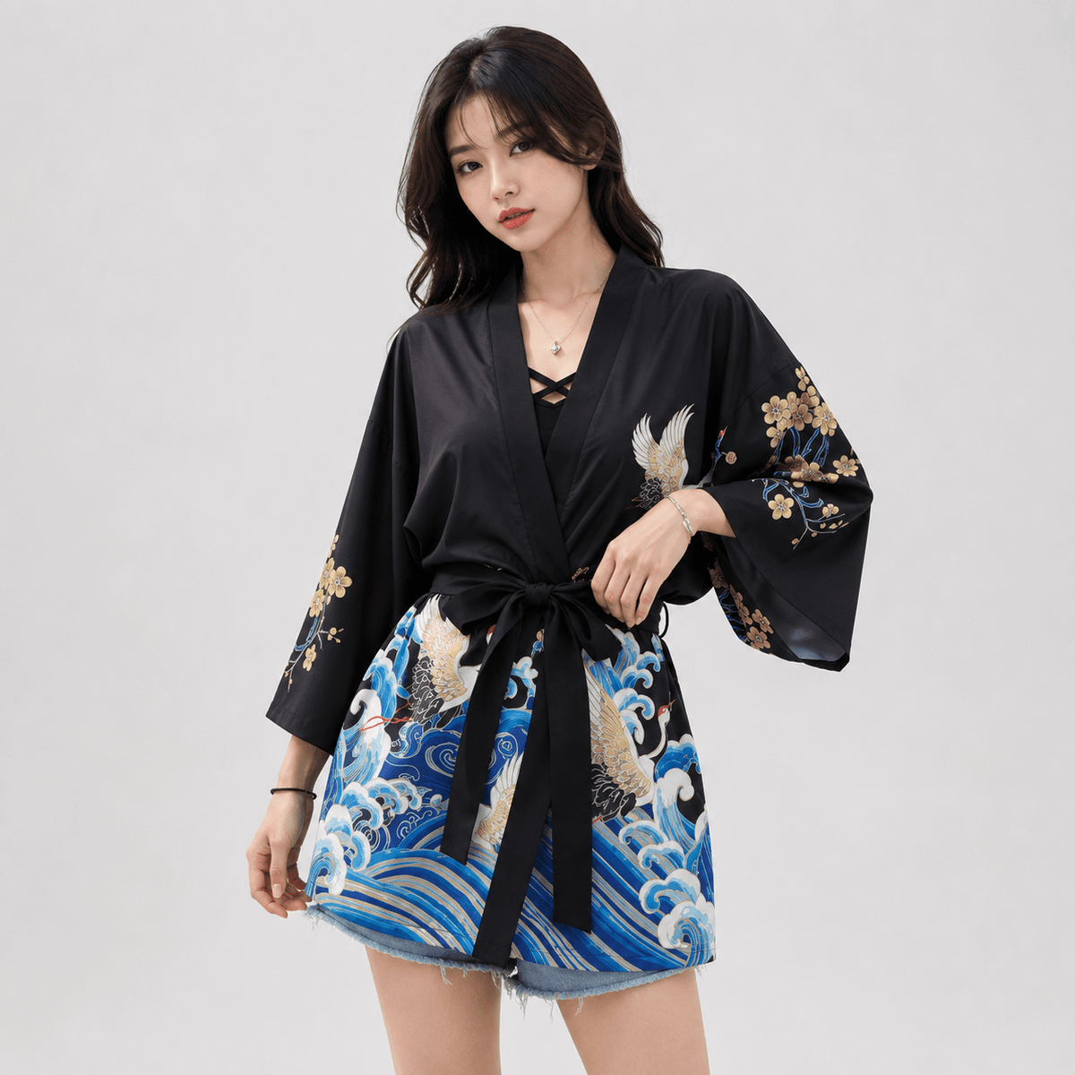 Kawaiies Collection - Kimono - Kanagawa Wave Crane Women Kimono