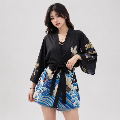 Kanagawa Wave Crane Women Kimono