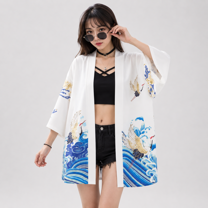 Kanagawa Wave Crane Women Kimono
