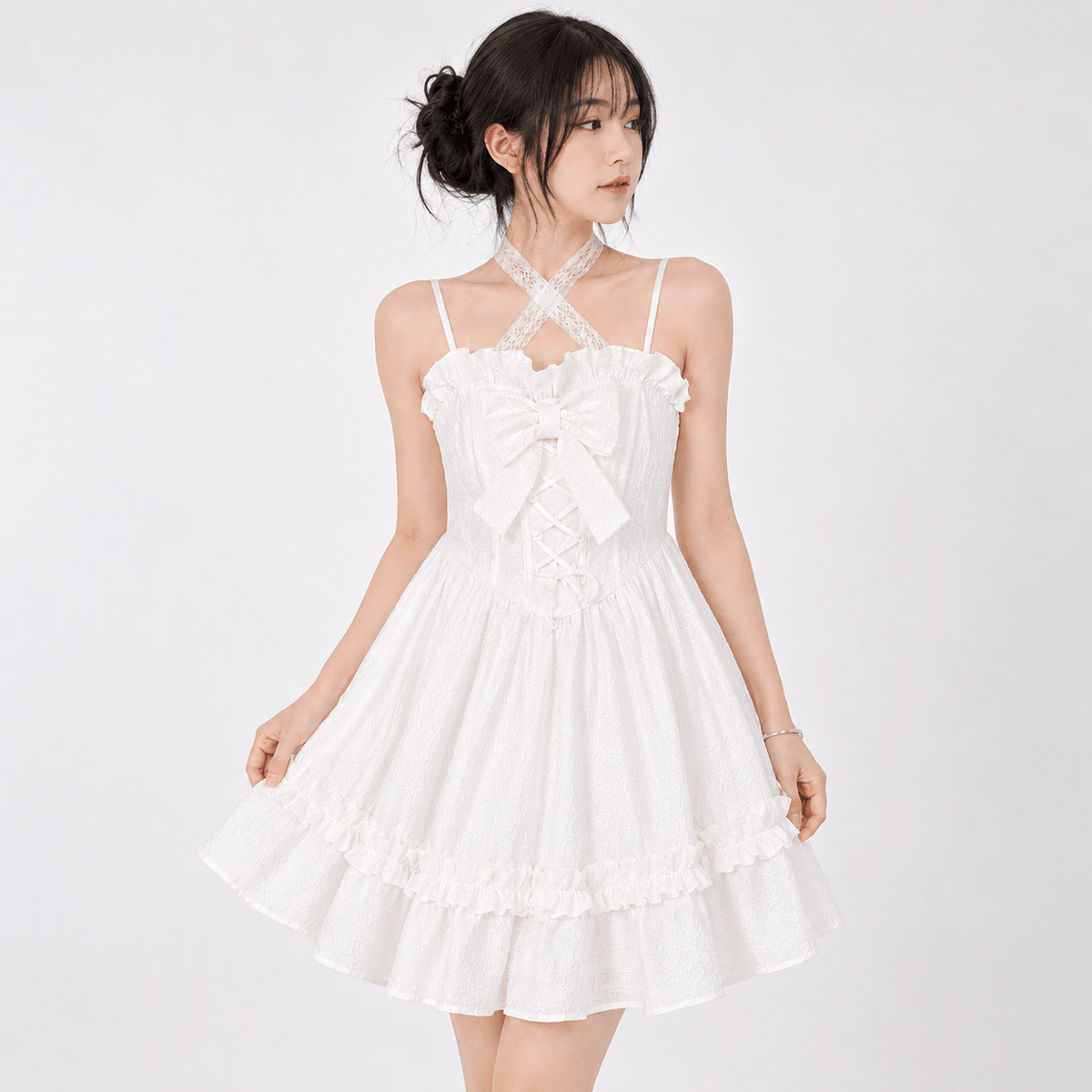 Kawaiies Collection - Apparel - White Lolita Style Lace Bow Ruffles Women's Dress