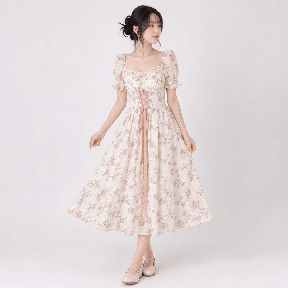 Kawaiies Collection - Apparel - White Pink Cottage Lace Milkmaid Dress