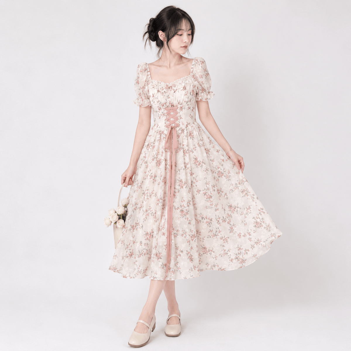 Kawaiies Collection - Apparel - White Pink Cottage Lace Milkmaid Dress