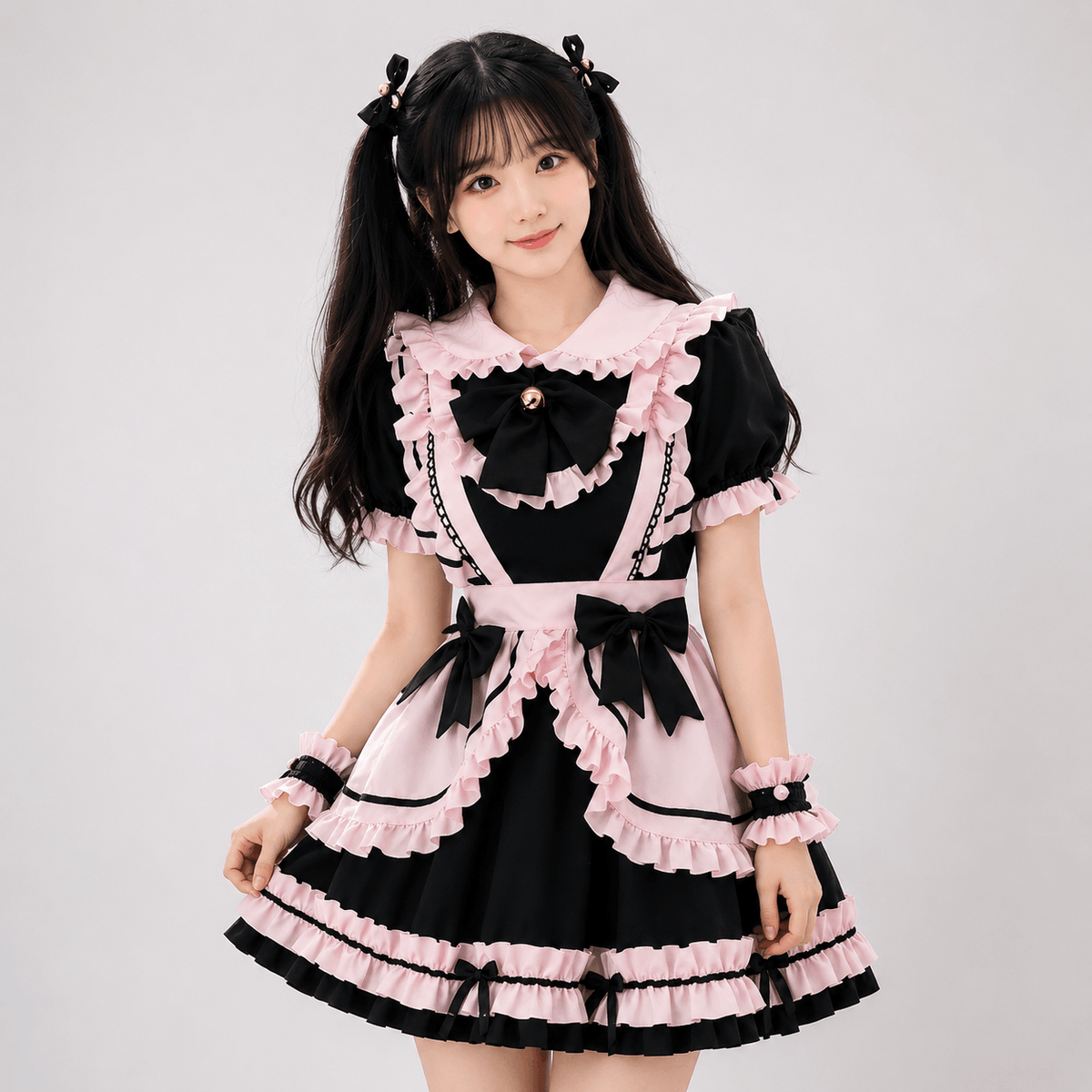 Kawaiies Collection - Apparel - Gothic Black Pink Sweet Lolita Women's Maid Dress Bowknots