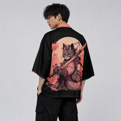 Japanese-themed Sakura Samurai Cat Print Unisex Kimono