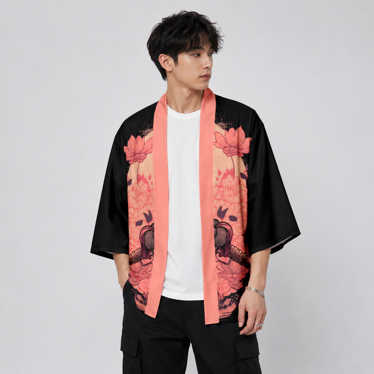 Japanese-themed Sakura Samurai Cat Print Unisex Kimono