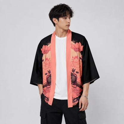 Japanese-themed Sakura Samurai Cat Print Unisex Kimono