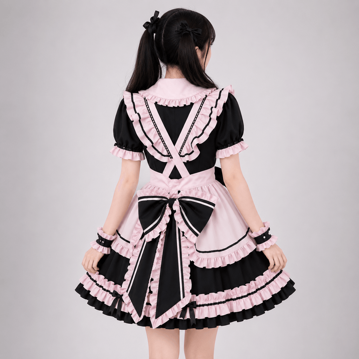 Kawaiies Collection - Apparel - Gothic Black Pink Sweet Lolita Women's Maid Dress Bowknots