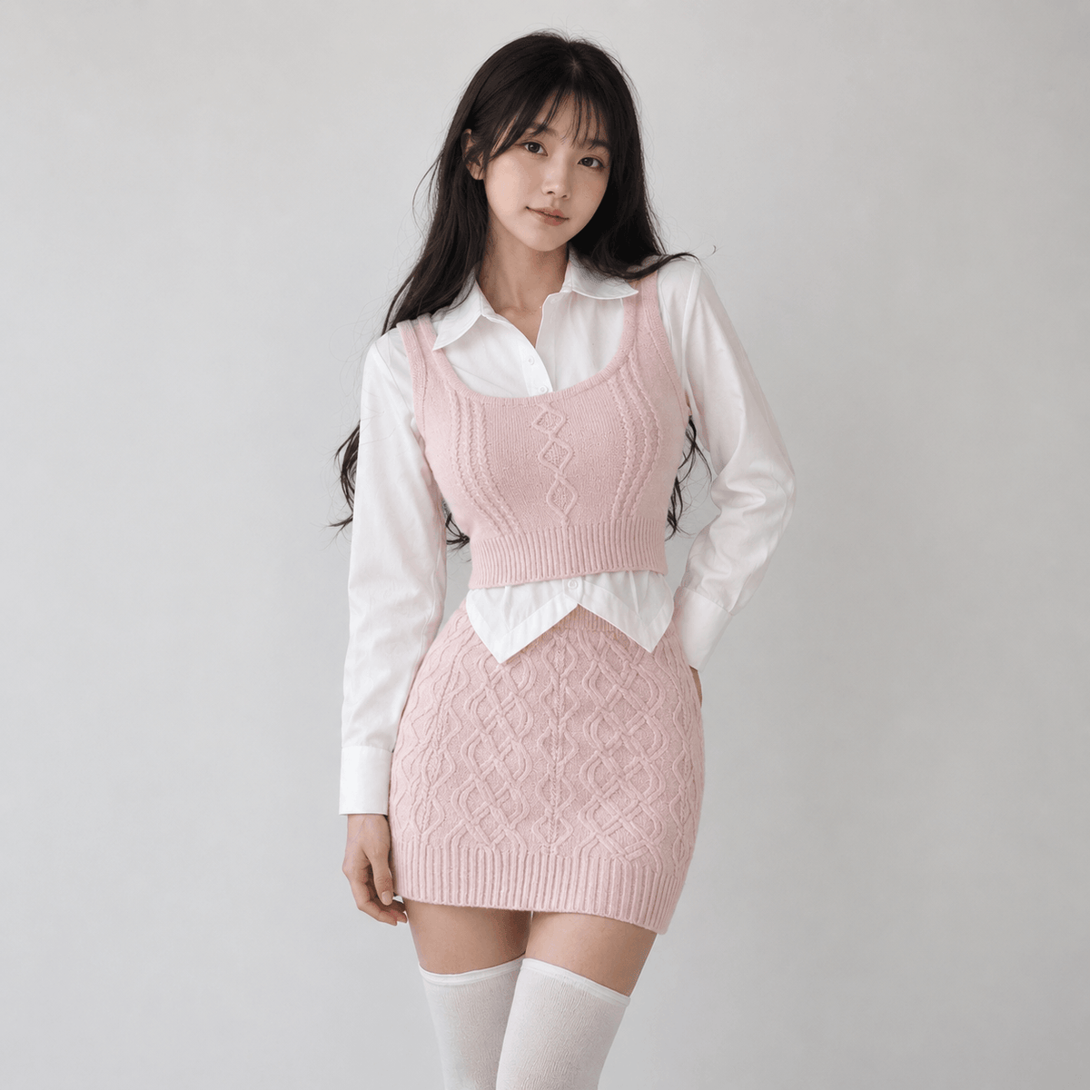 Kawaiies Collection - Apparel - Spring Pink Elegant Knitted Tank and Skirt Three-piece Set