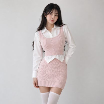 Spring Pink Elegant Knitted Tank and Skirt Three-piece Set