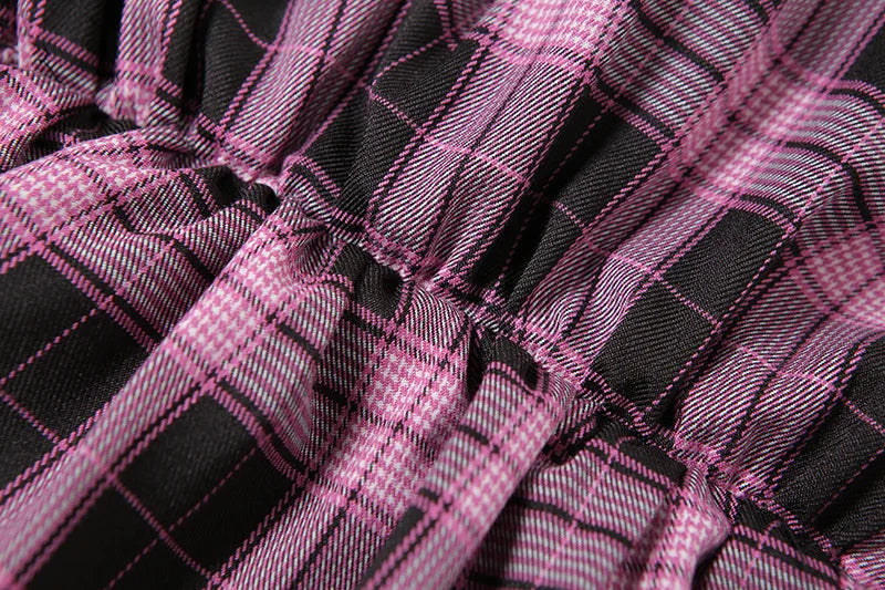 Harajuku Lolita Gothic Black Pink Laced Plaid Pleated Skirt