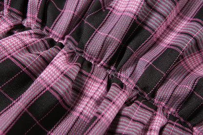 Harajuku Lolita Gothic Black Pink Laced Plaid Pleated Skirt