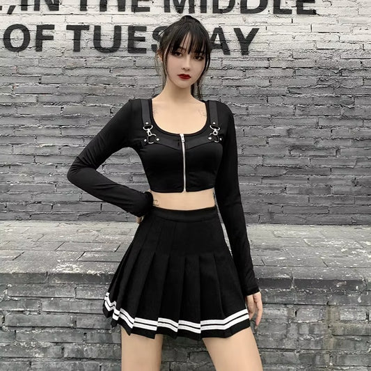 Preppy Pleated Striped Tennis Black Pink Navy White Mini Skirt