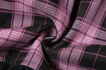 Harajuku Lolita Gothic Black Pink Laced Plaid Pleated Skirt