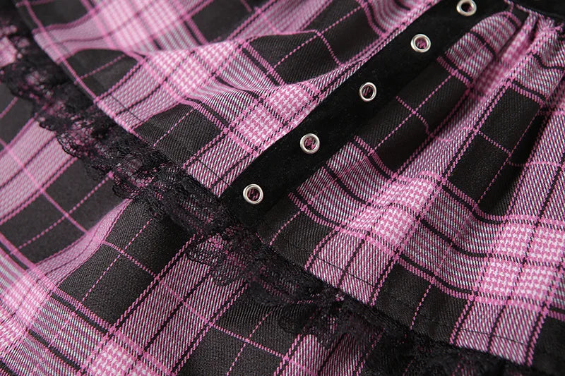 Harajuku Lolita Gothic Black Pink Laced Plaid Pleated Skirt