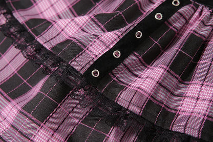 Harajuku Lolita Gothic Black Pink Laced Plaid Pleated Skirt