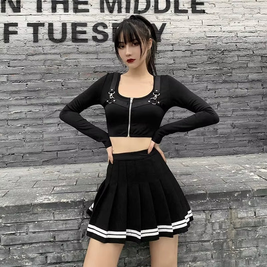 Preppy Pleated Striped Tennis Black Pink Navy White Mini Skirt