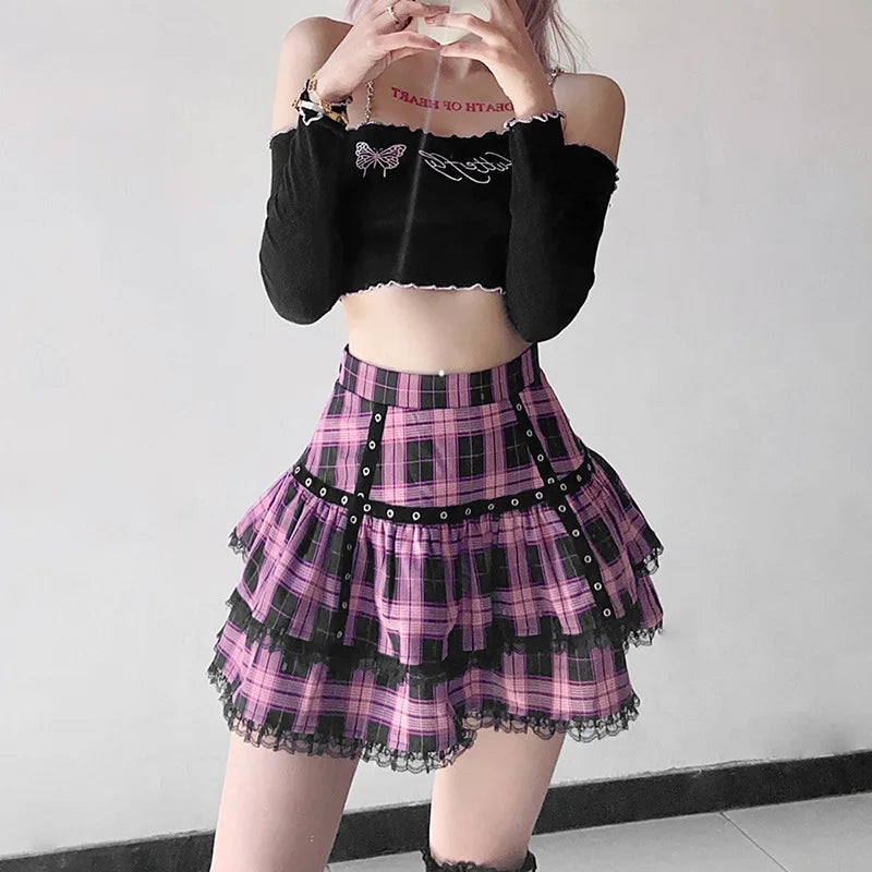 Harajuku Lolita Gothic Black Pink Laced Plaid Pleated Skirt