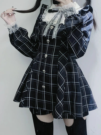 Harajuku Black Plaid Hearts Laced Lolita Women's Dress
