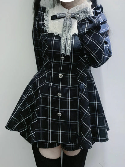 Harajuku Black Plaid Hearts Laced Lolita Women's Dress
