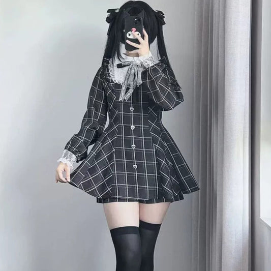 Harajuku Black Plaid Hearts Laced Lolita Women's Dress