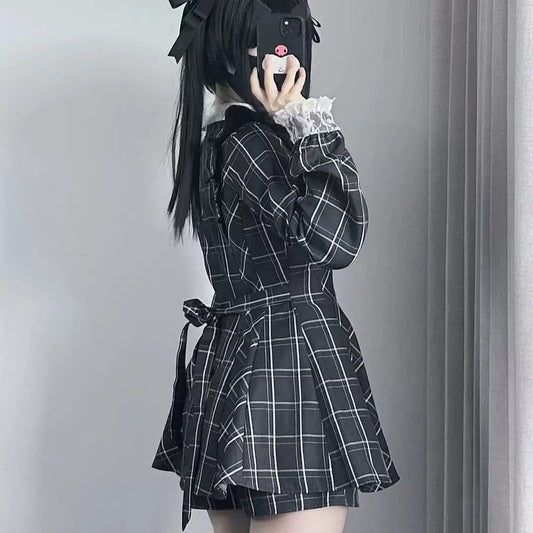 Harajuku Black Plaid Hearts Laced Lolita Women's Dress