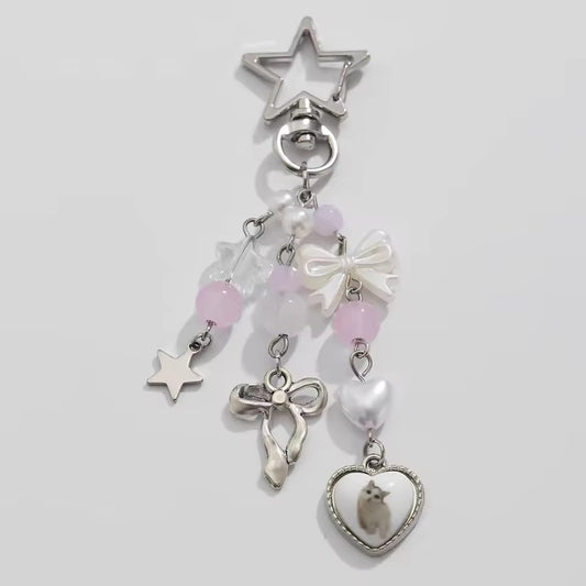 Pastel Pearly Bows Pink Star Charm Keychain