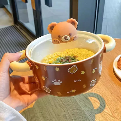Kawaii Bear Giant Ceramic Ramen Bowl with Lid (750ML)
