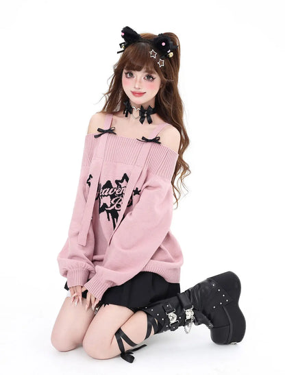 Gothic "Heavenly Body" Oversized Off-Shoulder Women's Black Pink Sweater