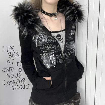 Black Gothic Fur Hood Zip-Up Jacket