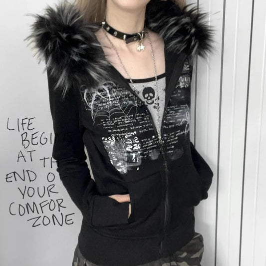 Black Gothic Fur Hood Zip-Up Jacket
