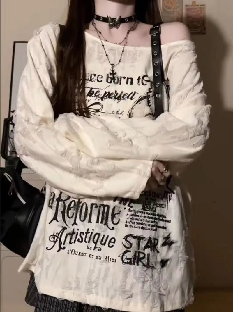 Gothic Graphic Off-Shoulder Buckle Long Sleeve Beige Gray Tee