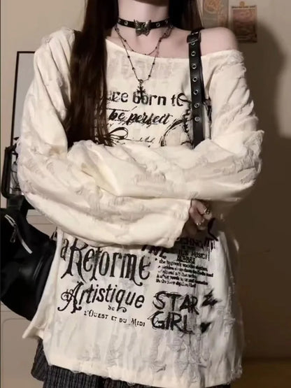 Gothic Graphic Off-Shoulder Buckle Long Sleeve Beige Gray Tee