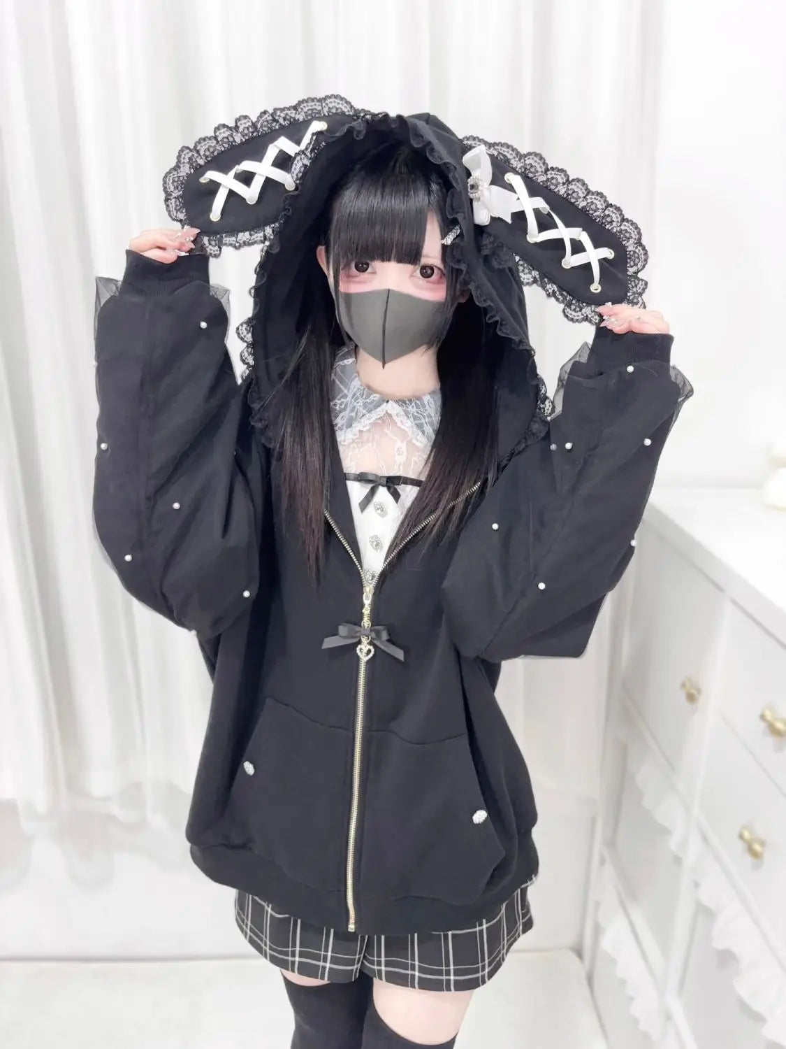 Lace Bunny Ears Black White Zip-up Hoodies