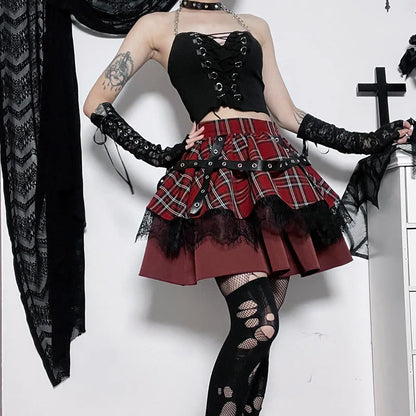 Harajuku Lolita Gothic Rouge Red Laced Plaid Pleated Skirt