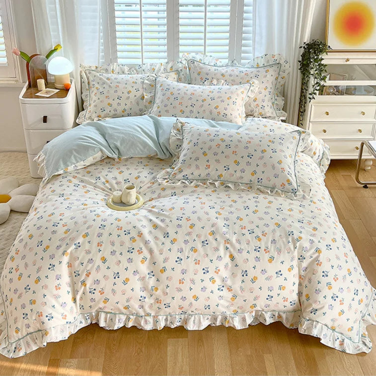 Floral White Blue Ruffles 100% Cotton 3pc Bedding Set