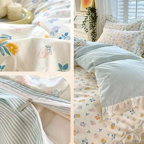 Floral White Blue Ruffles 100% Cotton 3pc Bedding Set