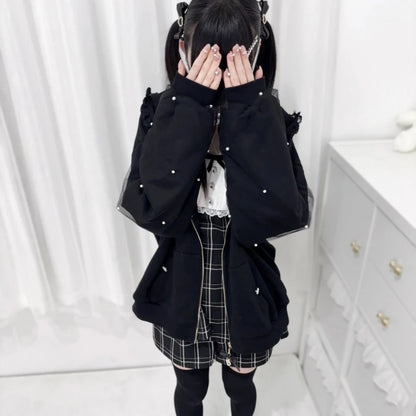 Lace Bunny Ears Black White Zip-up Hoodies
